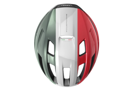 Egy ABUS PowerDome sisak az olasz zászló színeiben, madártávlatból © ABUS