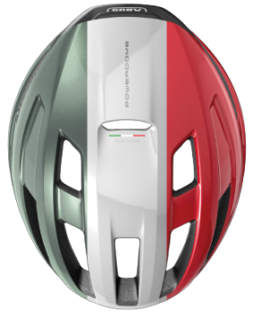 Ett fågelperspektiv av en ABUS PowerDome-hjälm i den italienska flaggans färger © ABUS