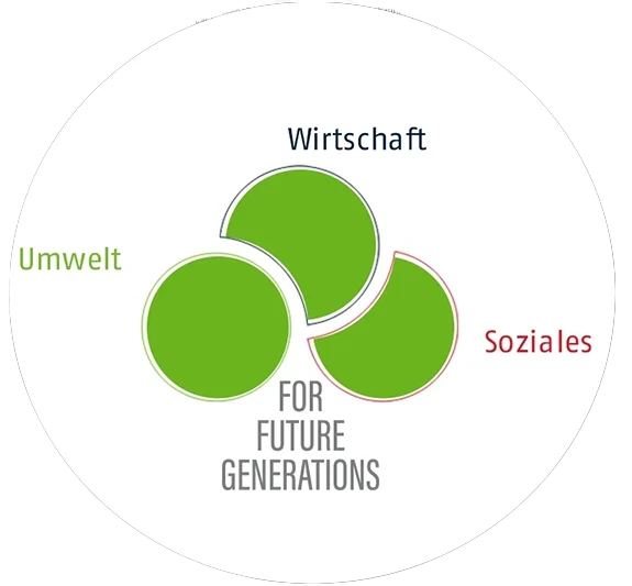 Illustration af ABUS' bæredygtighedskoncept med de tre overordnede temaer miljø, økonomi og sociale forhold med teksten "For fremtidige generationer" © ABUS