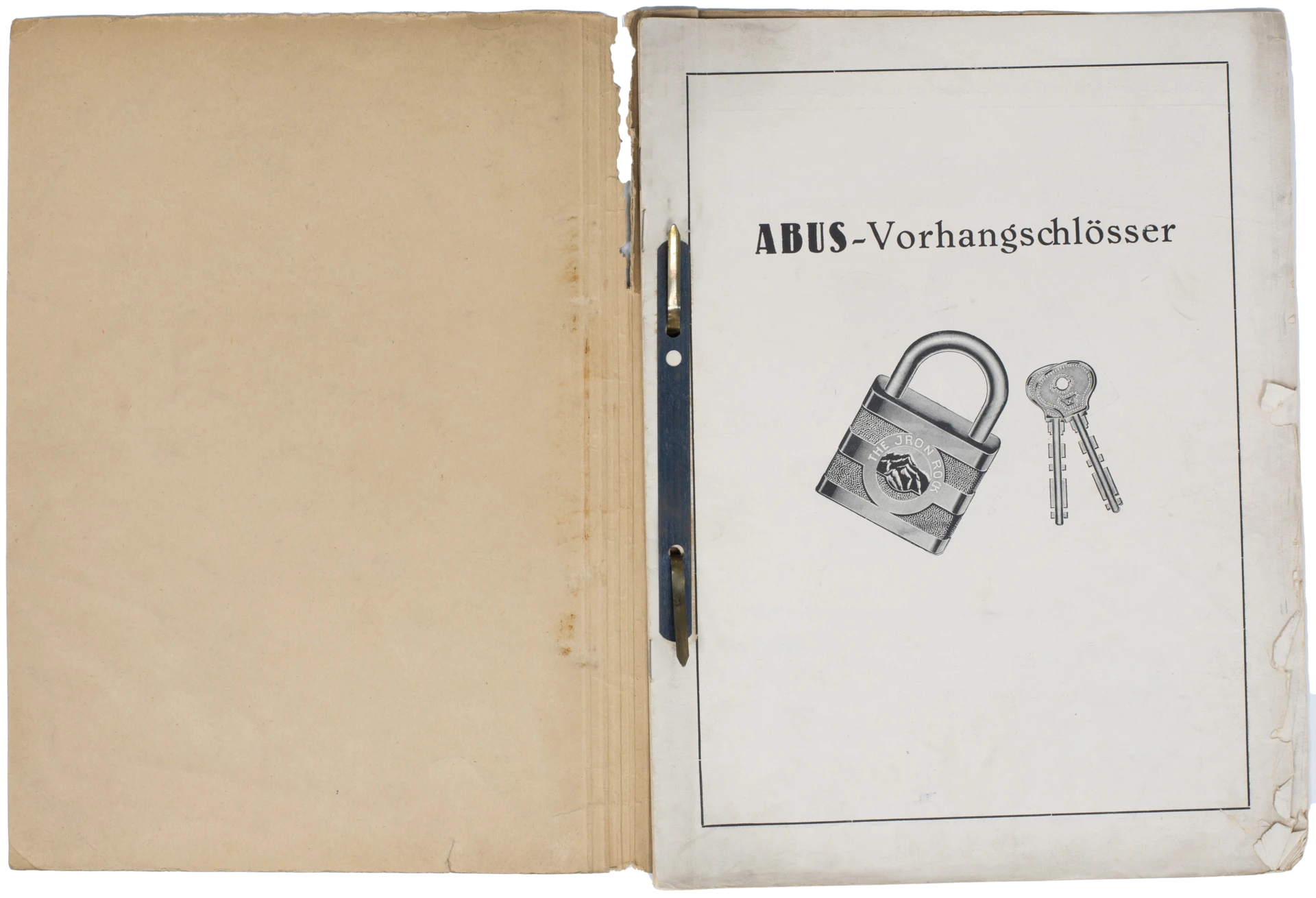Eine aufgeschlagene Mappe mit einem Deckblatt, das ein Vorhangschloss und ein Schlüsselpaar abbildet, mit der Überschrift "ABUS-Vorhangschlösser" © ABUS