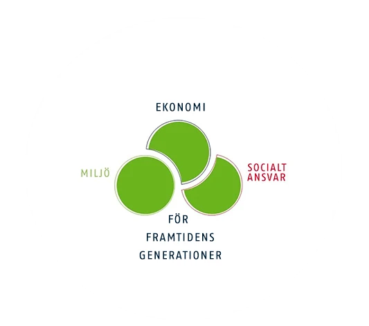 Illustration av ABUS-hållbarhetskoncept med tre övergripande teman – miljöfrågor, ekonomi och sociala frågor – med texten "For future generations" © ABUS