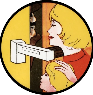 Et rundt billede af en kvinde og et barn, der åbner en dør, som er sikret med en ekstra dørlås, og en mand, der kigger ind gennem den åbne dørsprække © ABUS